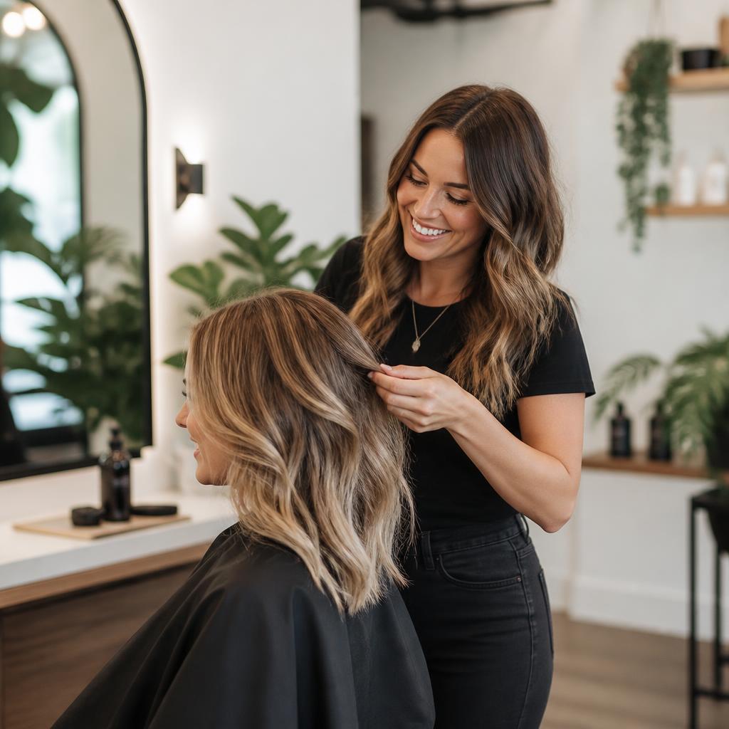 A salon renter styling a client's hair in a bright, modern salon